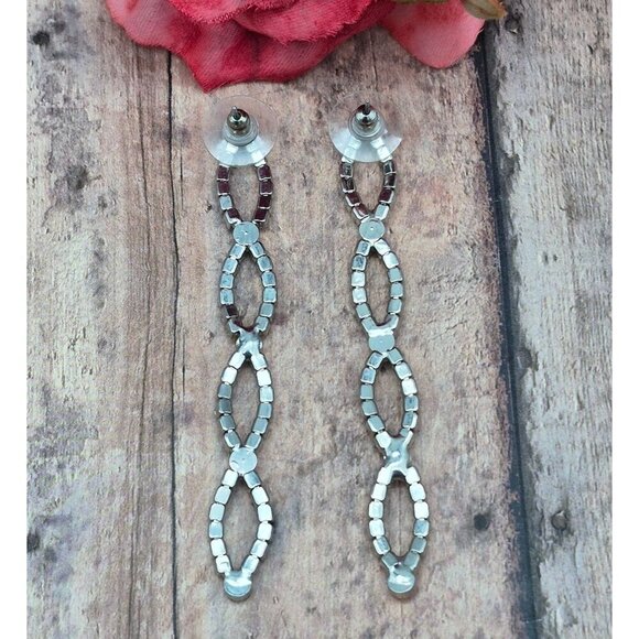 Long Dangle Silver Tone Crystal Rhinestone Earrings Formal Event Runway 3" MINT - Picture 5 of 6